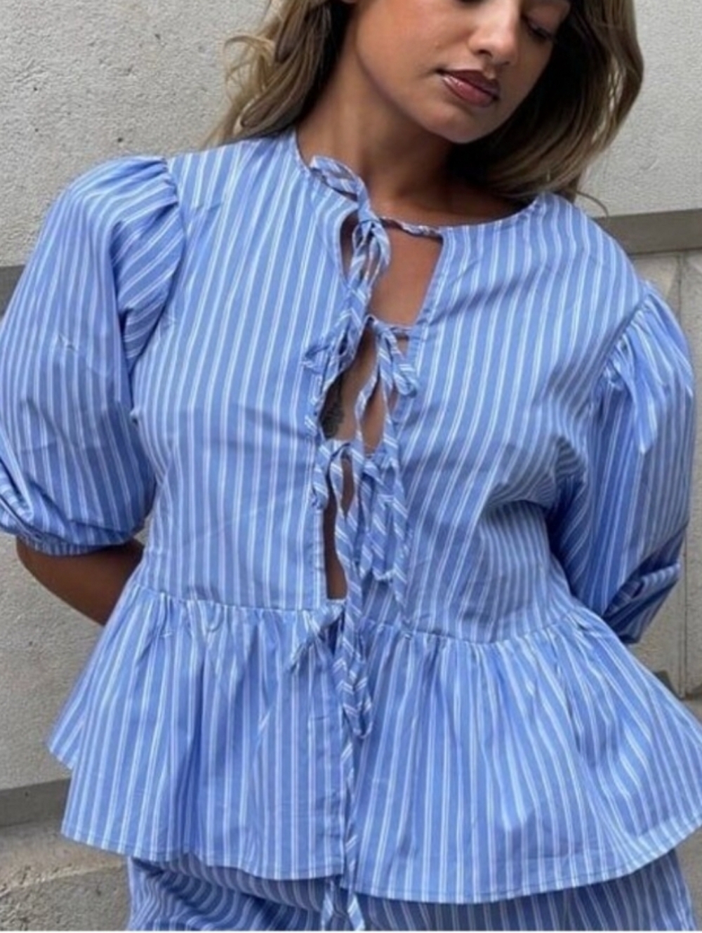 Marc New York Light Blue Striped Tie-Front Peplum Top Puffed Sleeve Size L